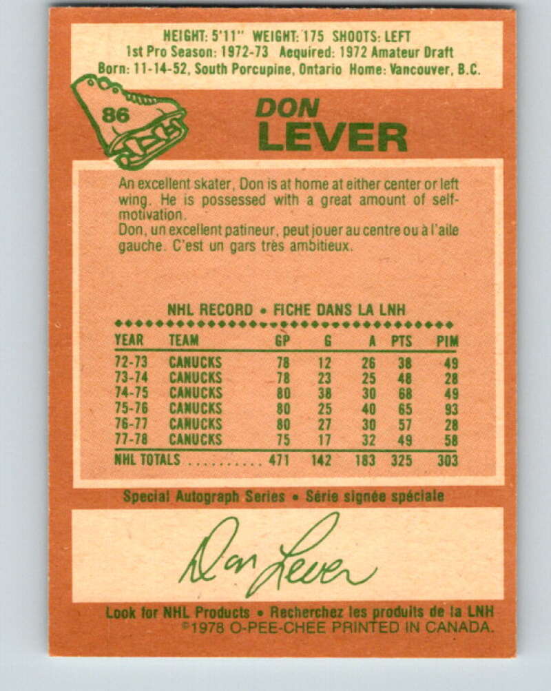 1978-79 O-Pee-Chee #86 Don Lever Vancouver Canucks V22082