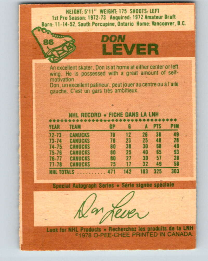 1978-79 O-Pee-Chee #86 Don Lever Vancouver Canucks V22084