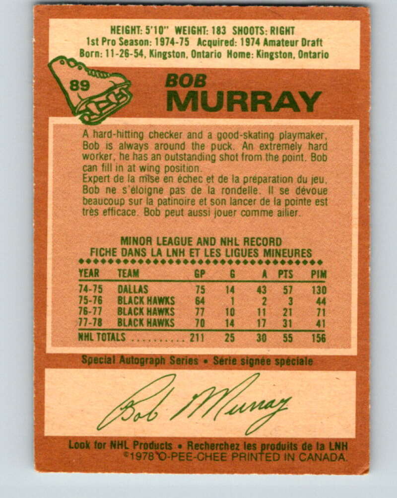 1978-79 O-Pee-Chee #89 Bob Murray Chicago Blackhawks V22121