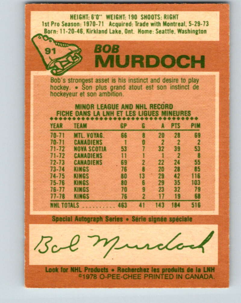 1978-79 O-Pee-Chee #91 Bob Murdoch Los Angeles Kings V22136