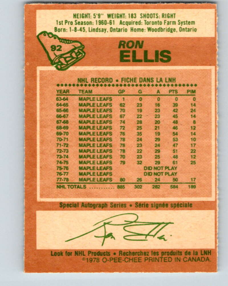 1978-79 O-Pee-Chee #92 Ron Ellis Toronto Maple Leafs V22142
