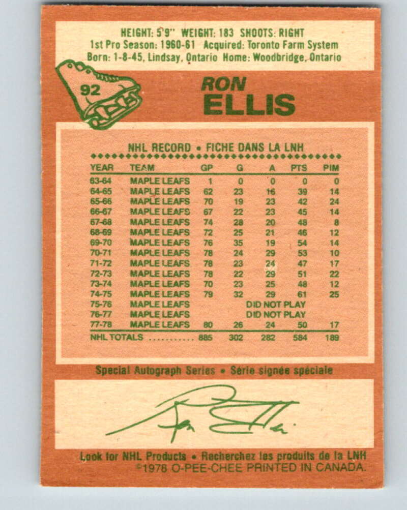 1978-79 O-Pee-Chee #92 Ron Ellis Toronto Maple Leafs V22143