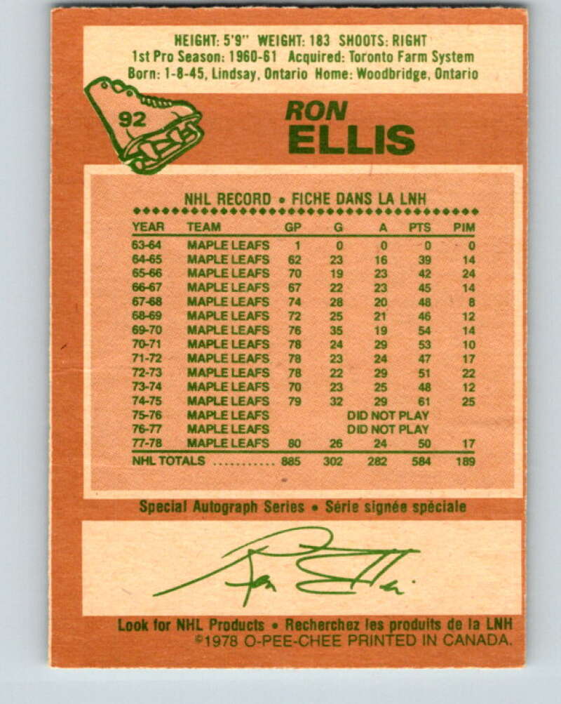 1978-79 O-Pee-Chee #92 Ron Ellis Toronto Maple Leafs V22144