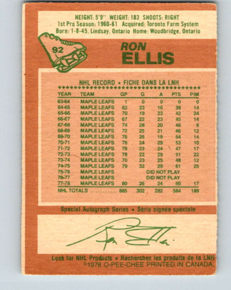 1978-79 O-Pee-Chee #92 Ron Ellis Toronto Maple Leafs V22146