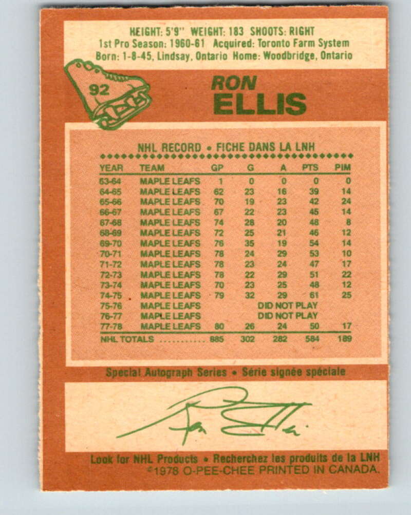 1978-79 O-Pee-Chee #92 Ron Ellis Toronto Maple Leafs V22147