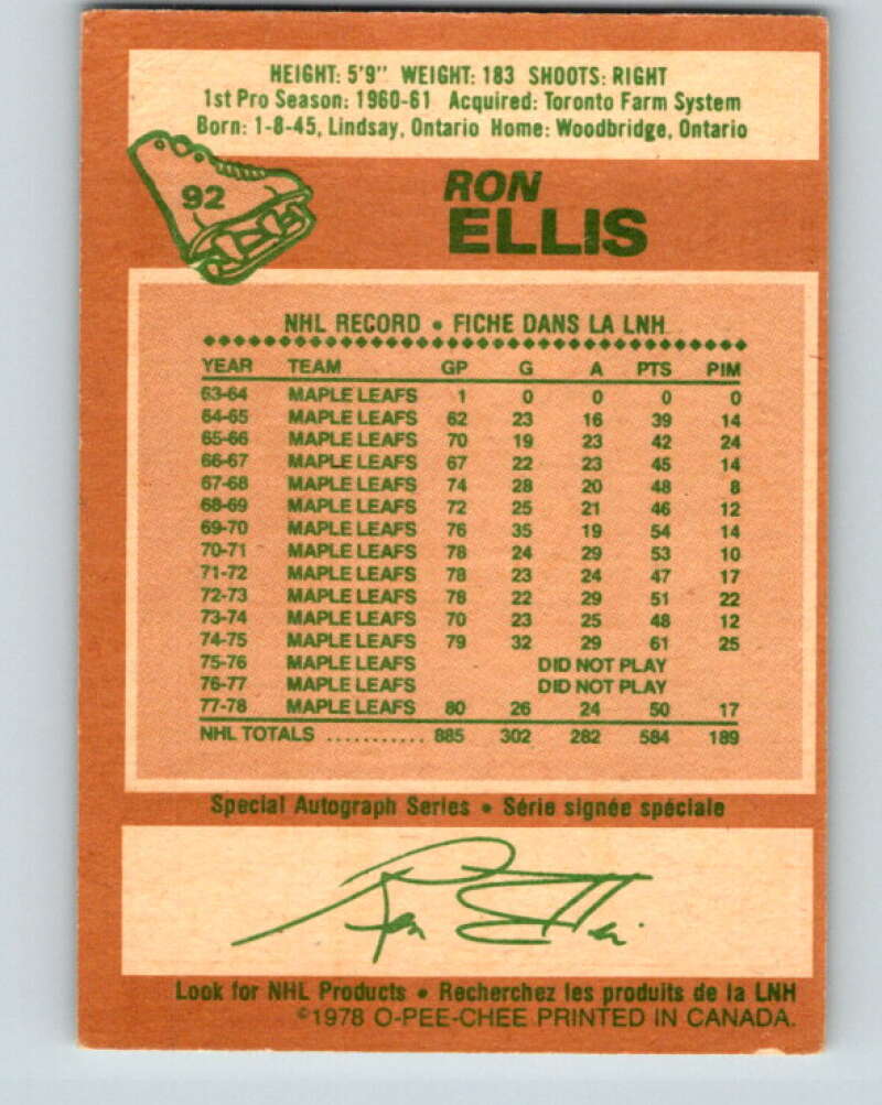 1978-79 O-Pee-Chee #92 Ron Ellis Toronto Maple Leafs V22149