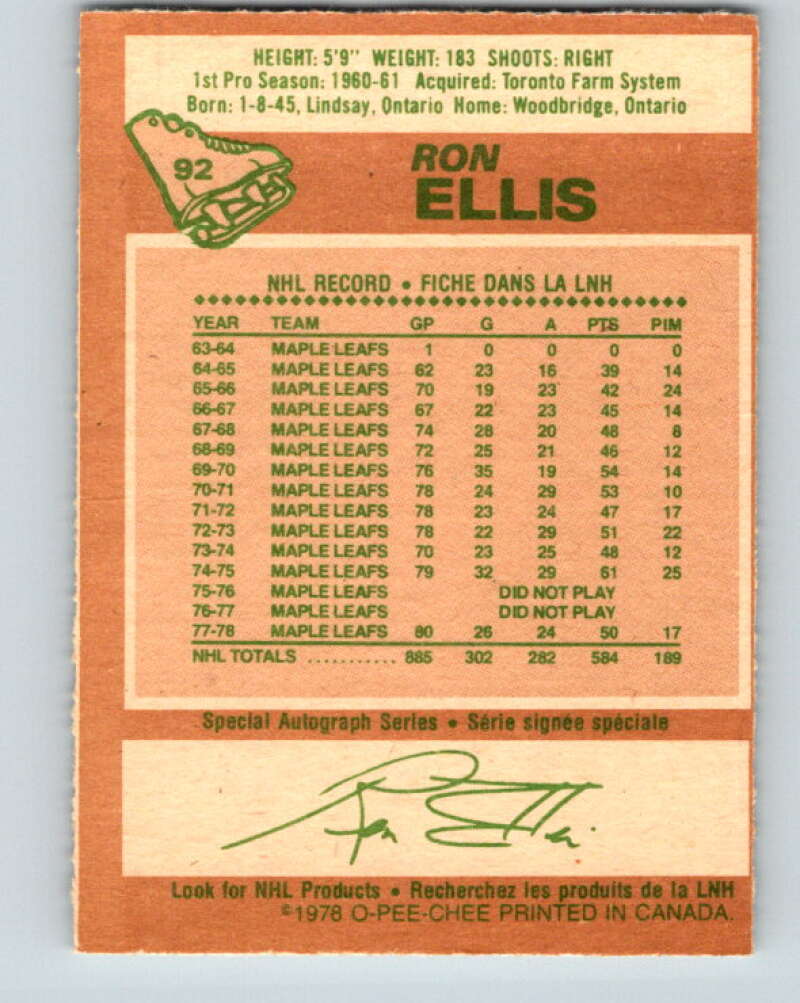 1978-79 O-Pee-Chee #92 Ron Ellis Toronto Maple Leafs V22150