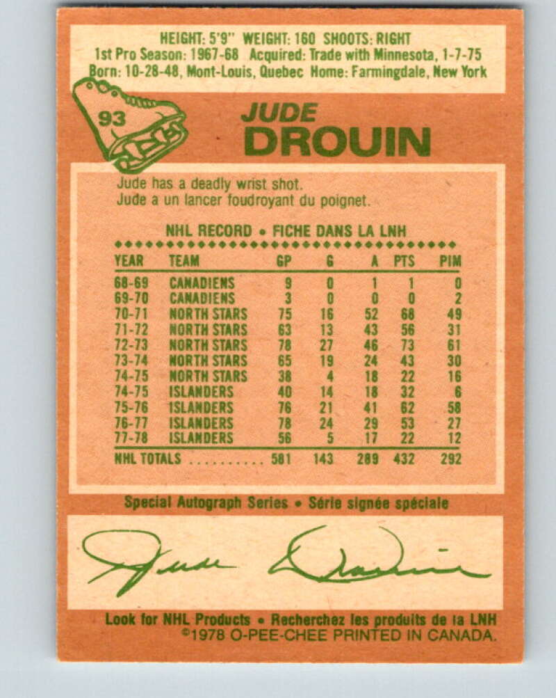 1978-79 O-Pee-Chee #93 Jude Drouin New York Islanders V22153