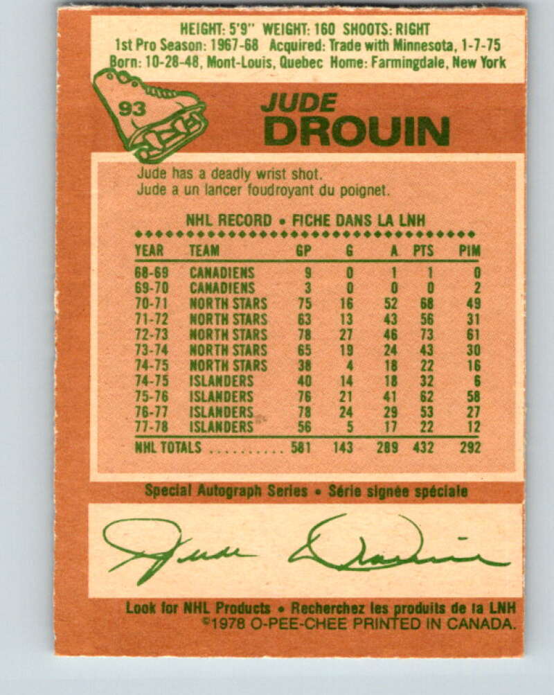 1978-79 O-Pee-Chee #93 Jude Drouin New York Islanders V22155