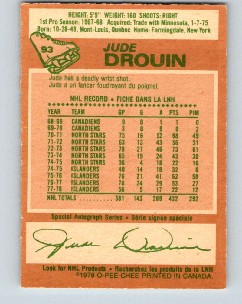 1978-79 O-Pee-Chee #93 Jude Drouin New York Islanders V22158