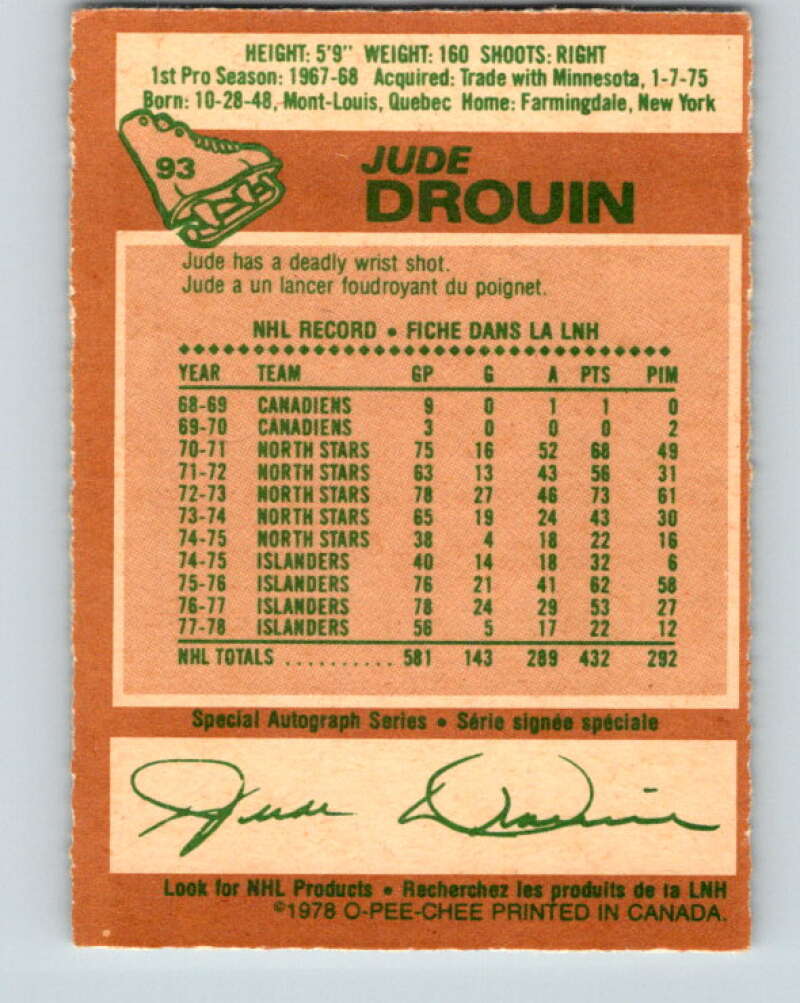 1978-79 O-Pee-Chee #93 Jude Drouin New York Islanders V22162