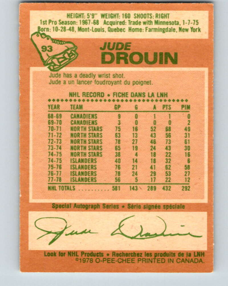 1978-79 O-Pee-Chee #93 Jude Drouin New York Islanders V22164