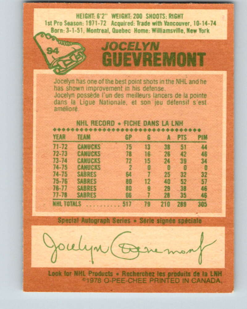 1978-79 O-Pee-Chee #94 Jocelyn Guevremont Buffalo Sabres V22168
