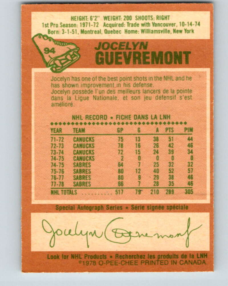1978-79 O-Pee-Chee #94 Jocelyn Guevremont Buffalo Sabres V22169