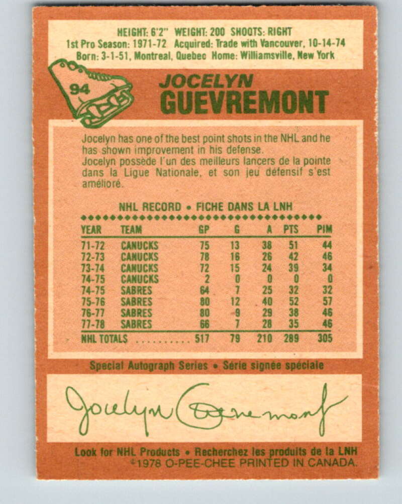 1978-79 O-Pee-Chee #94 Jocelyn Guevremont Buffalo Sabres V22171