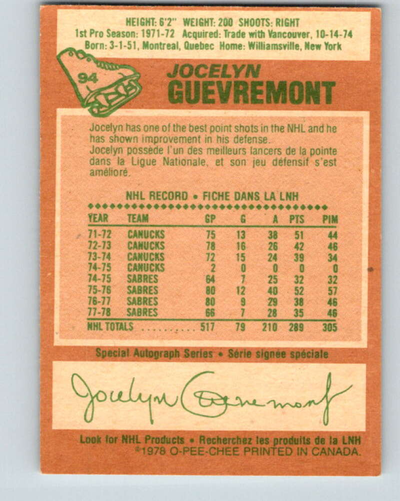 1978-79 O-Pee-Chee #94 Jocelyn Guevremont Buffalo Sabres V22177
