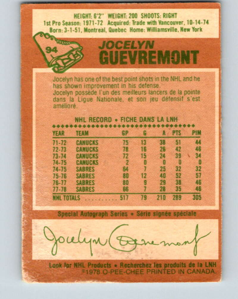 1978-79 O-Pee-Chee #94 Jocelyn Guevremont Buffalo Sabres V22179