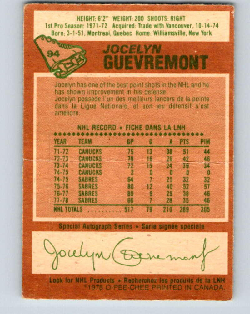 1978-79 O-Pee-Chee #94 Jocelyn Guevremont Buffalo Sabres V22181