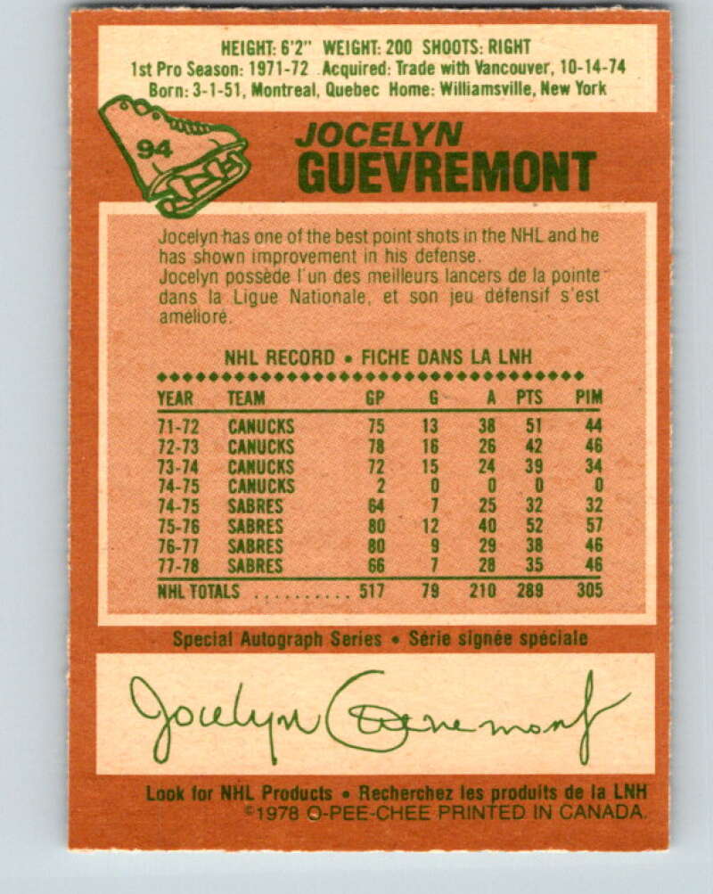 1978-79 O-Pee-Chee #94 Jocelyn Guevremont Buffalo Sabres V22185