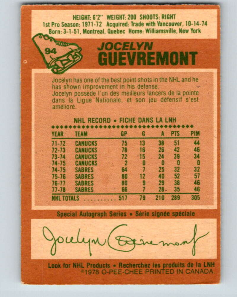 1978-79 O-Pee-Chee #94 Jocelyn Guevremont Buffalo Sabres V22187