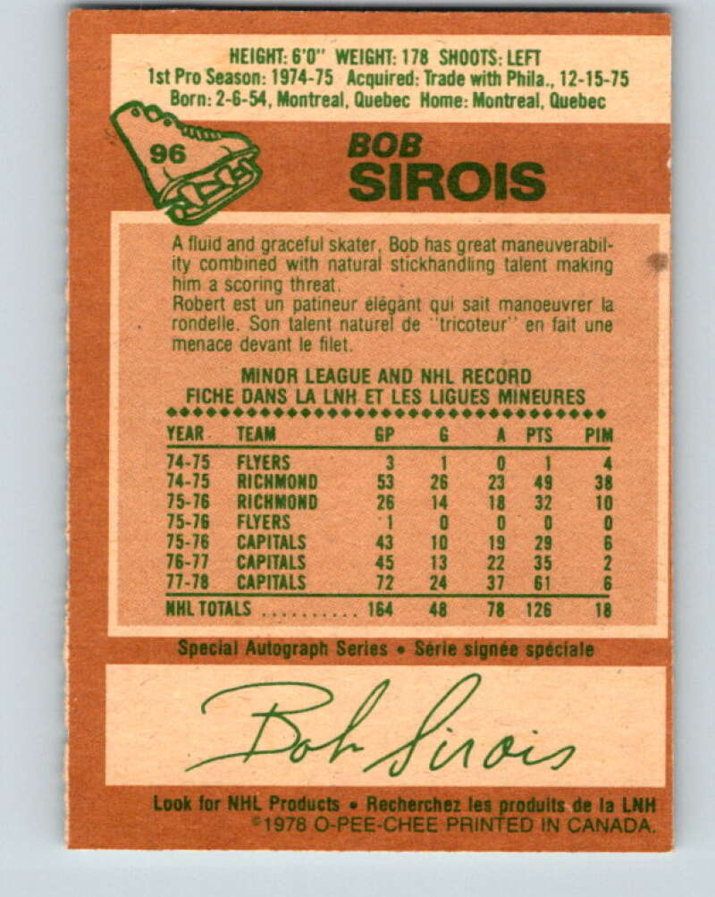1978-79 O-Pee-Chee #96 Bob Sirois Washington Capitals V22213