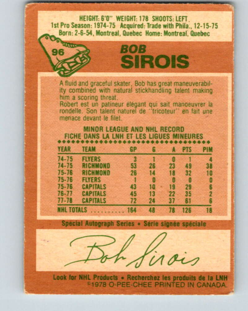1978-79 O-Pee-Chee #96 Bob Sirois Washington Capitals V22215