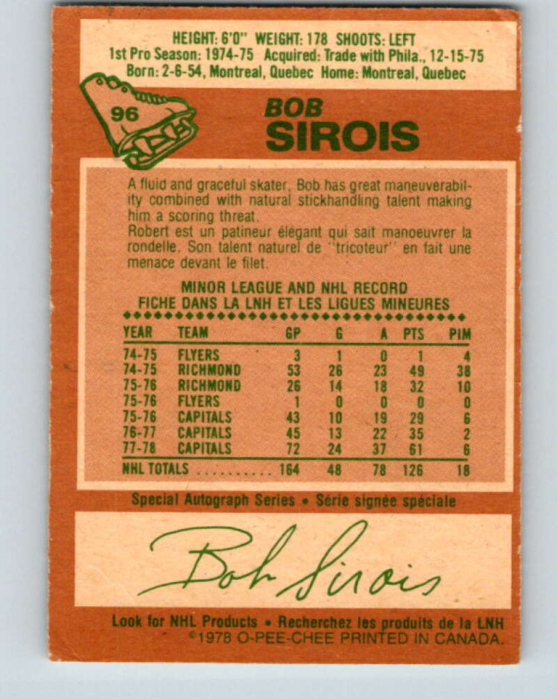 1978-79 O-Pee-Chee #96 Bob Sirois Washington Capitals V22216