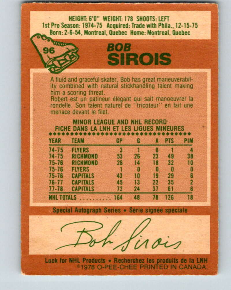 1978-79 O-Pee-Chee #96 Bob Sirois Washington Capitals V22217
