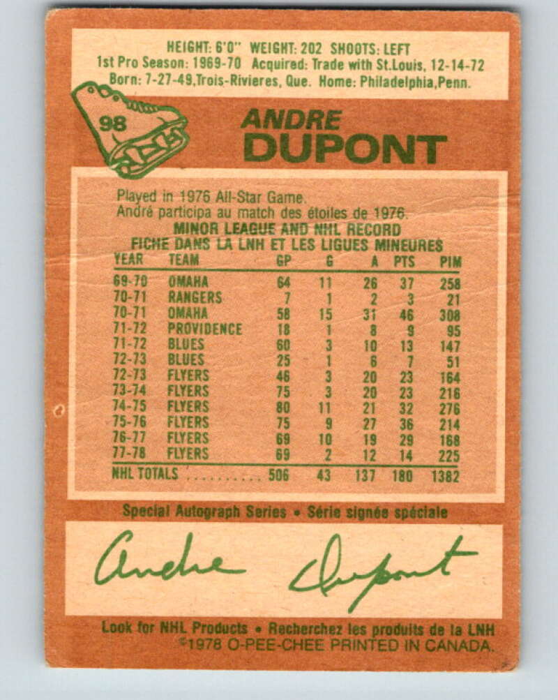 1978-79 O-Pee-Chee #98 Andre Dupont Philadelphia Flyers V22258