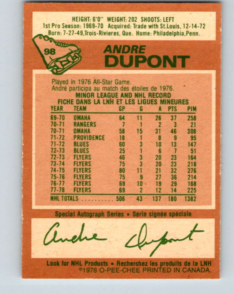 1978-79 O-Pee-Chee #98 Andre Dupont Philadelphia Flyers V22260