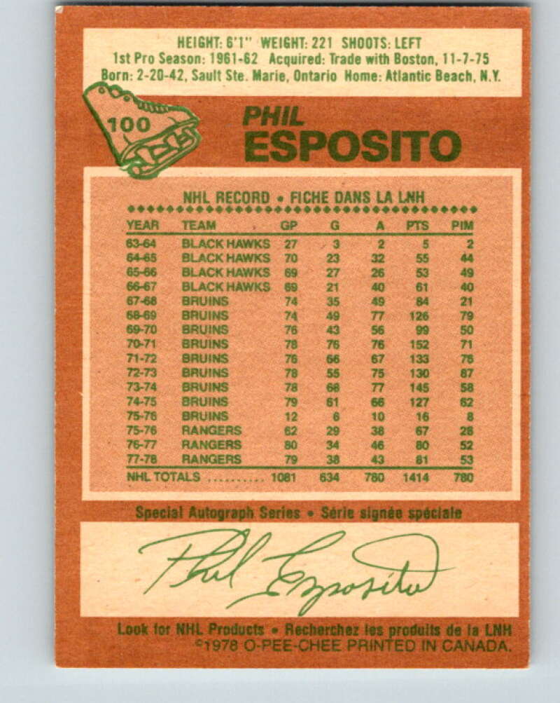 1978-79 O-Pee-Chee #100 Phil Esposito New York Rangers V22287