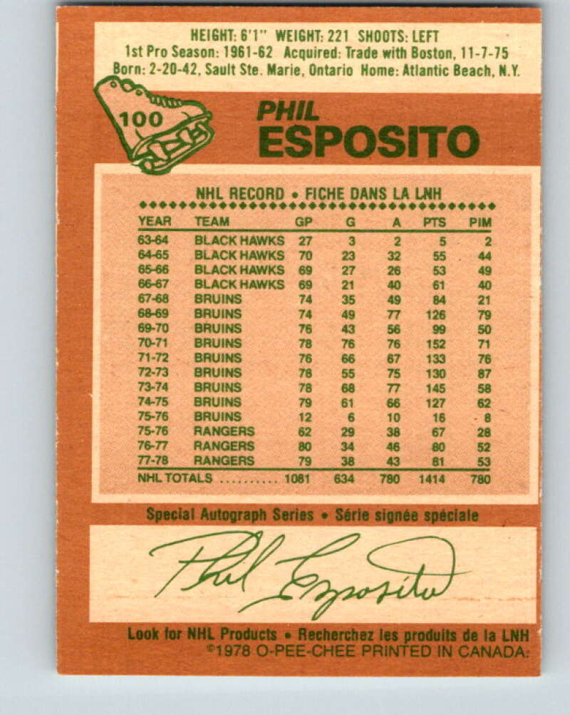 1978-79 O-Pee-Chee #100 Phil Esposito New York Rangers V22288