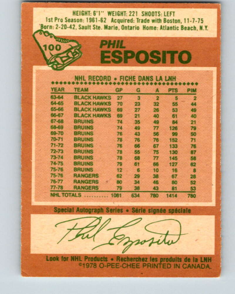 1978-79 O-Pee-Chee #100 Phil Esposito New York Rangers V22289