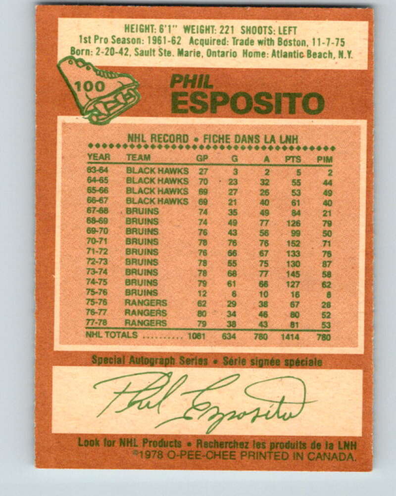 1978-79 O-Pee-Chee #100 Phil Esposito New York Rangers V22291