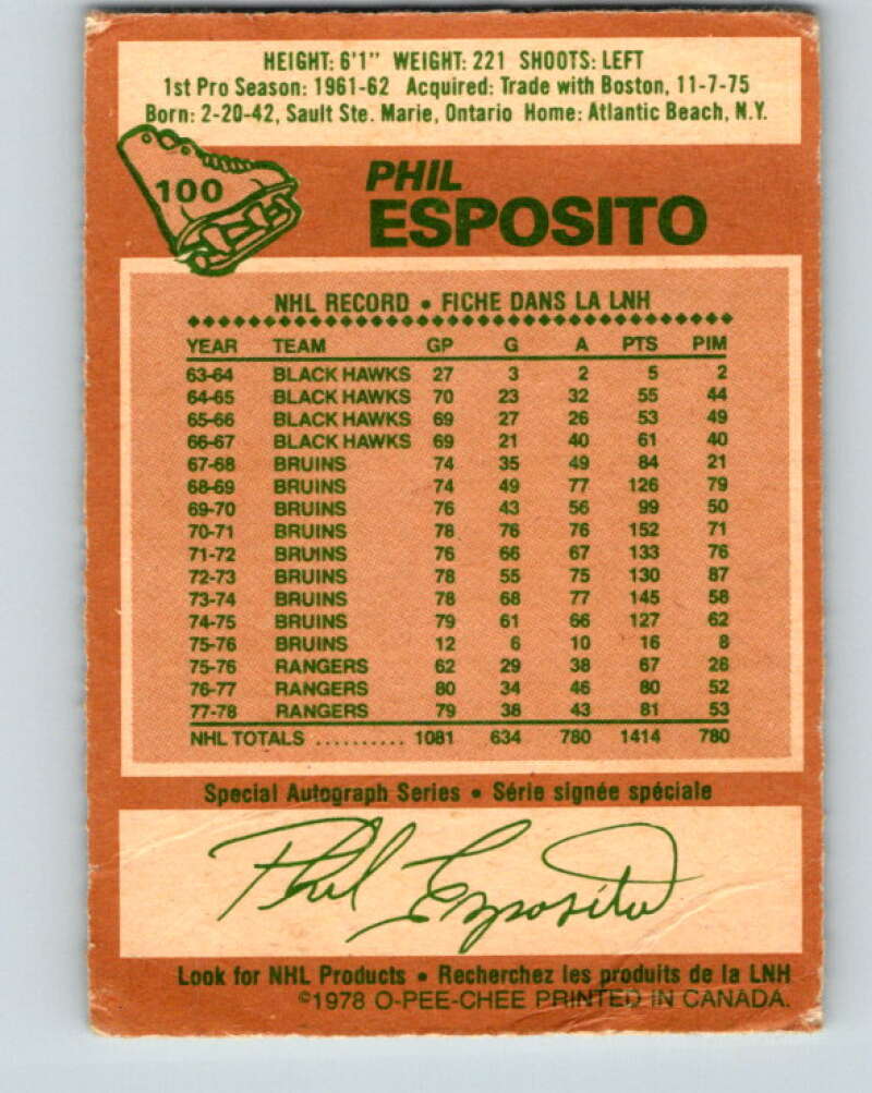 1978-79 O-Pee-Chee #100 Phil Esposito New York Rangers V22292