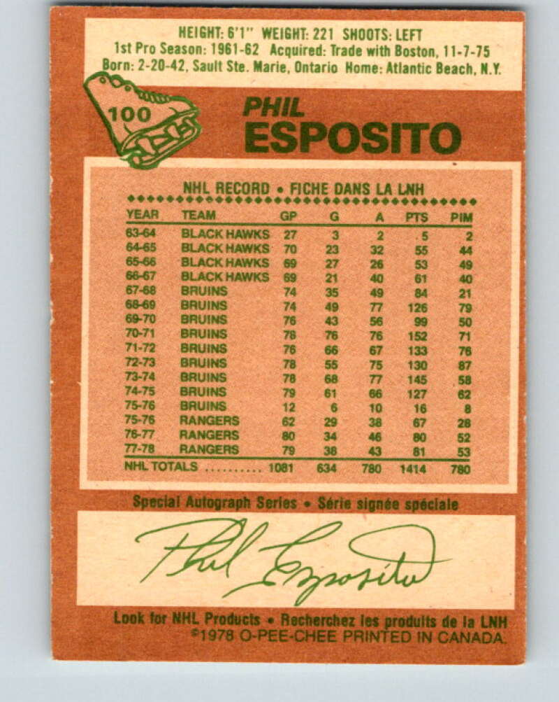 1978-79 O-Pee-Chee #100 Phil Esposito New York Rangers V22293