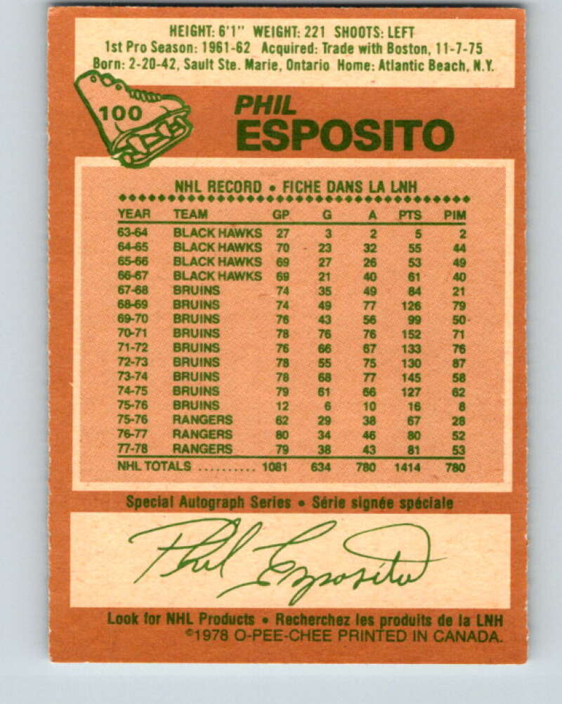 1978-79 O-Pee-Chee #100 Phil Esposito New York Rangers V22298