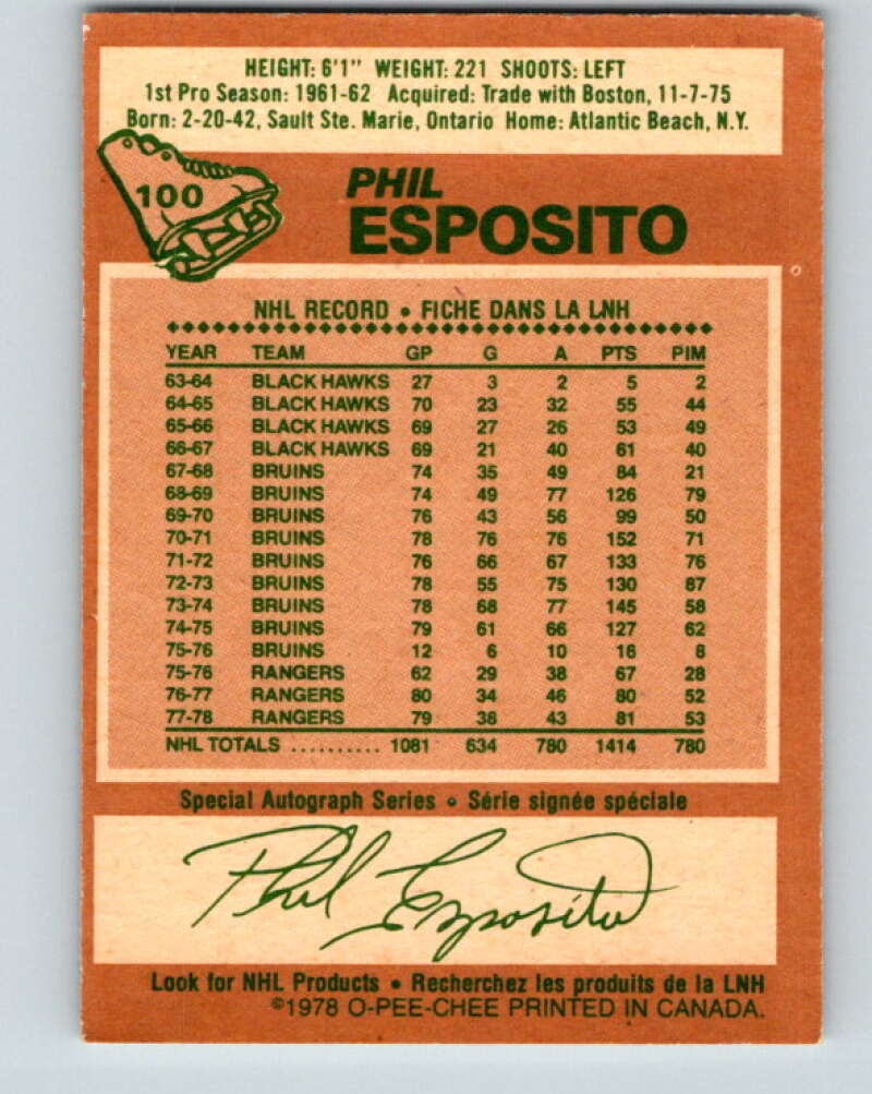 1978-79 O-Pee-Chee #100 Phil Esposito New York Rangers V22299