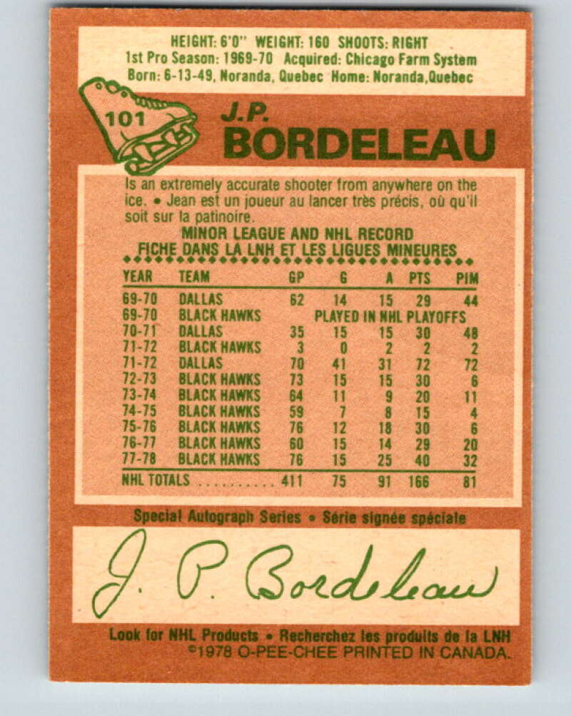 1978-79 O-Pee-Chee #101 J.P. Bordeleau Chicago Blackhawks V22307