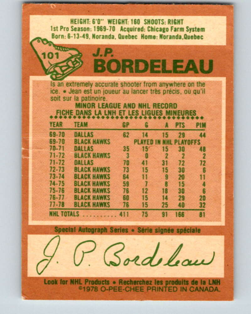 1978-79 O-Pee-Chee #101 J.P. Bordeleau Chicago Blackhawks V22309