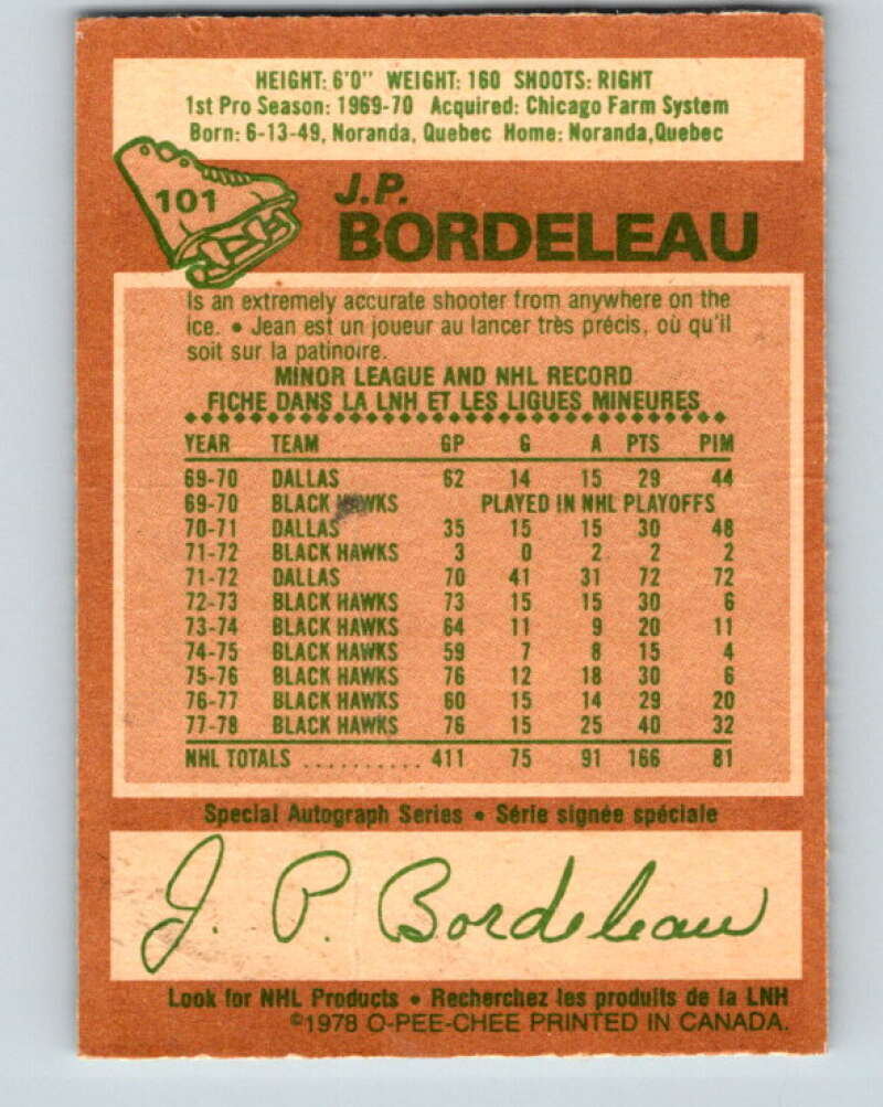 1978-79 O-Pee-Chee #101 J.P. Bordeleau Chicago Blackhawks V22311