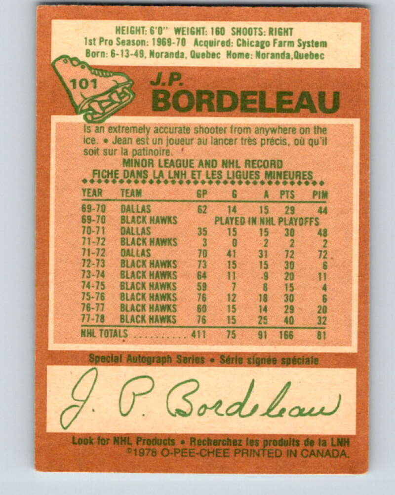 1978-79 O-Pee-Chee #101 J.P. Bordeleau Chicago Blackhawks V22320