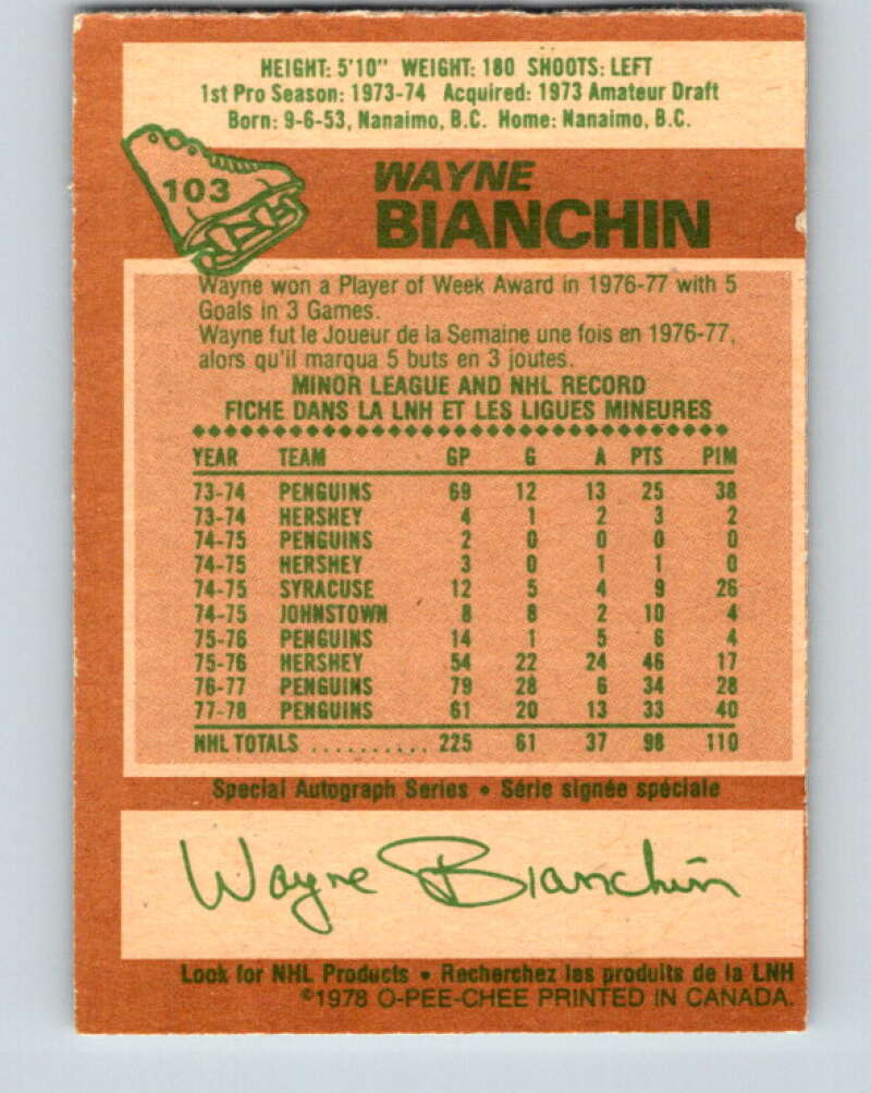 1978-79 O-Pee-Chee #103 Wayne Bianchin Pittsburgh Penguins V22328