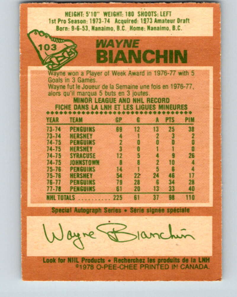 1978-79 O-Pee-Chee #103 Wayne Bianchin Pittsburgh Penguins V22329