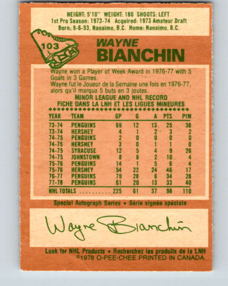 1978-79 O-Pee-Chee #103 Wayne Bianchin Pittsburgh Penguins V22330