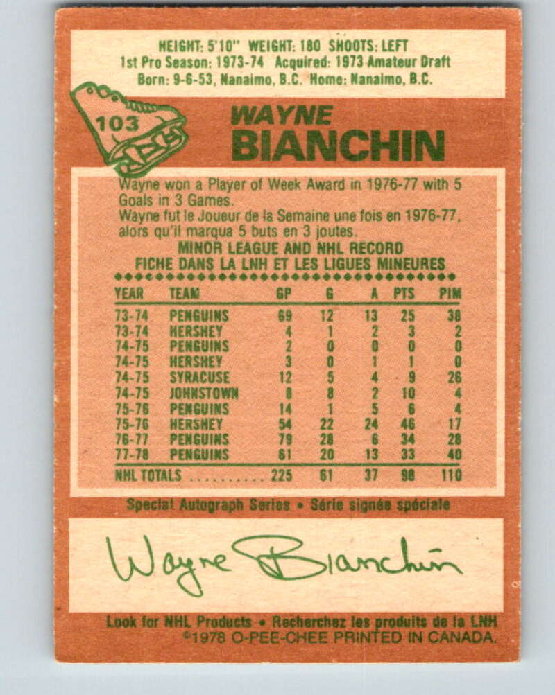 1978-79 O-Pee-Chee #103 Wayne Bianchin Pittsburgh Penguins V22332
