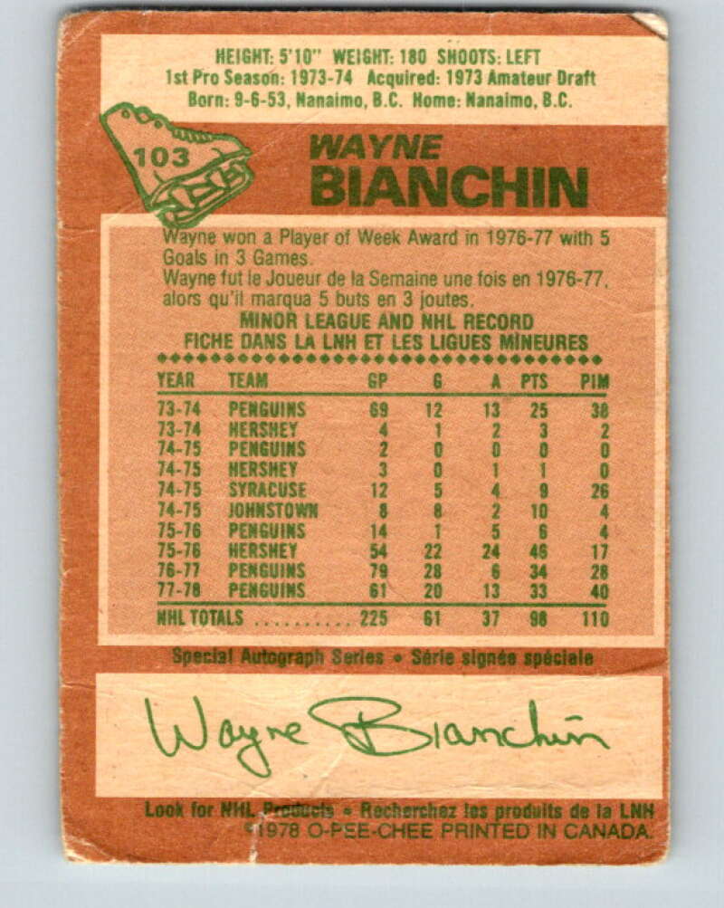 1978-79 O-Pee-Chee #103 Wayne Bianchin Pittsburgh Penguins V22333