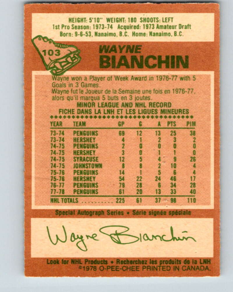 1978-79 O-Pee-Chee #103 Wayne Bianchin Pittsburgh Penguins V22335