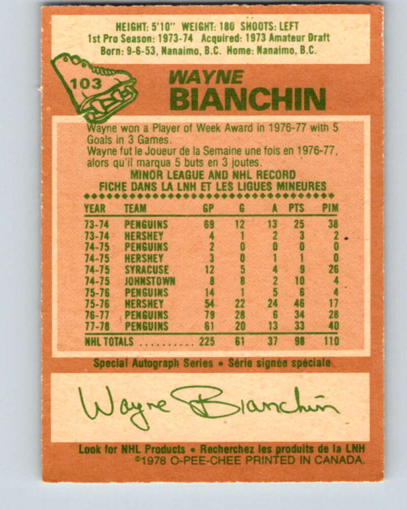 1978-79 O-Pee-Chee #103 Wayne Bianchin Pittsburgh Penguins V22339