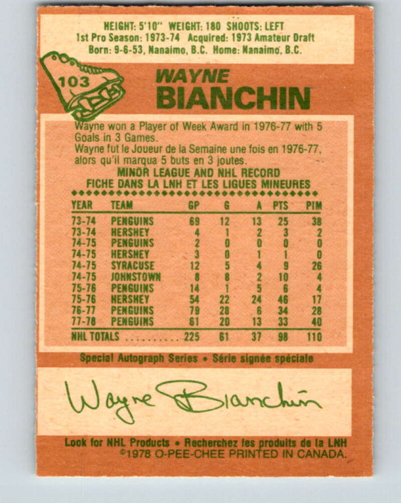 1978-79 O-Pee-Chee #103 Wayne Bianchin Pittsburgh Penguins V22341